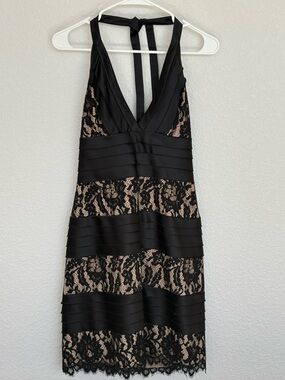 BCBGMaxAzria Black Lace Halter Dress with Nude Underlay. Size 8